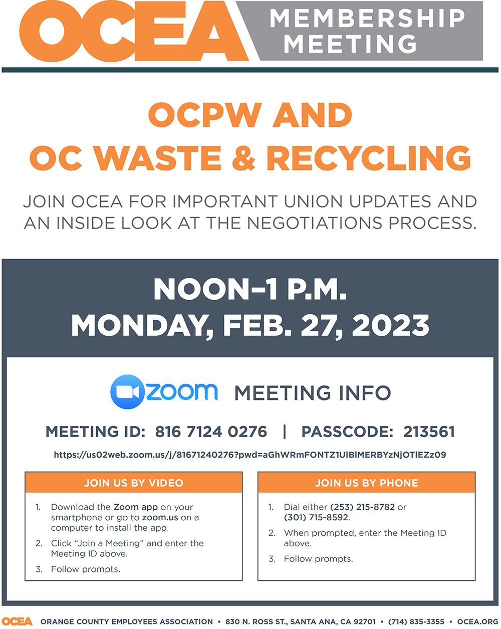 OCPW & OCWR Membership Meeting 121 p.m. Monday, Feb. 27 Orange
